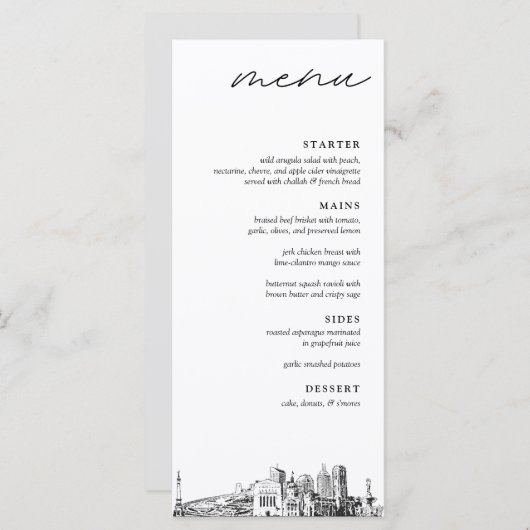 Indianapolis Skyline Menu du dîner Mariage moderne (Devant / Derrière)