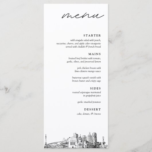 Indianapolis skyline modern huwelijksdiner menu (Voorkant)