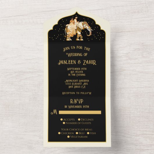 Indiase bruid bruidegom olifant bruiloft all in one uitnodiging (Binnen)