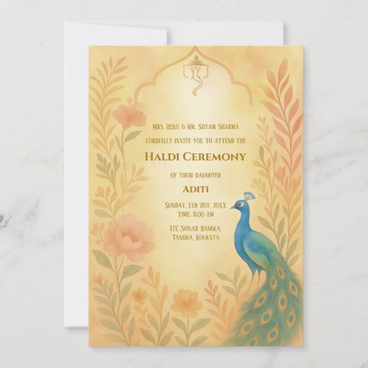 Indiase Bruid Haldi Ceremonie Pauw Bloemstuk Kaart (Voorkant)