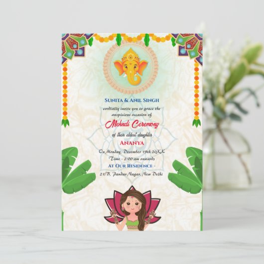 Indiase Bruid Mehndi Ceremonie Ganesha  Bananenboo Kaart (Staand voorkant)