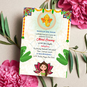 Indiase Bruid Mehndi Ceremonie Ganesha Bananenboom Kaart