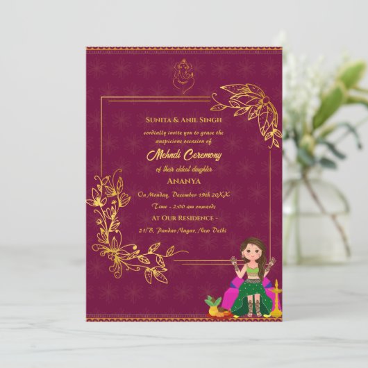 Indiase Bruid Mehndi Ceremonie Gouden Element Gane Kaart (Staand voorkant)