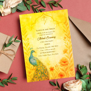 Indiase Bruid Mehndi Ceremonie Pauw Bloemstuk Kaart