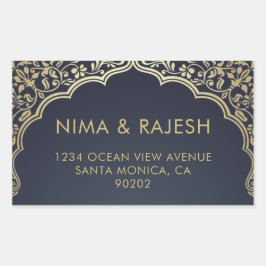 Indiase bruiloft Adresetiketten, blauw en goud Rechthoekige Sticker
