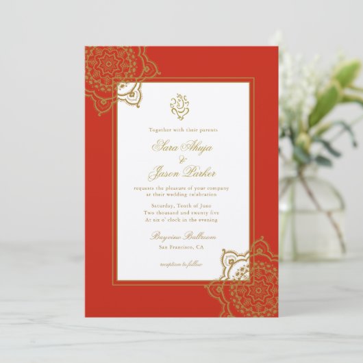 Indiase bruiloft Ganesh Rood & Goud Mandala Kaart (Staand voorkant)