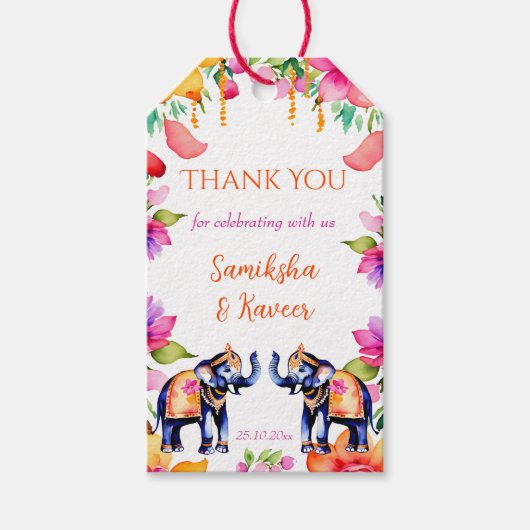 Indiase bruiloft olifanten cerise bloemen dank u cadeaulabel (Voorkant)