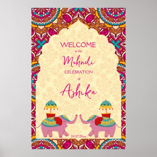 Indiase bruiloft olifanten kleurrijke welkom teken poster (Voorkant)