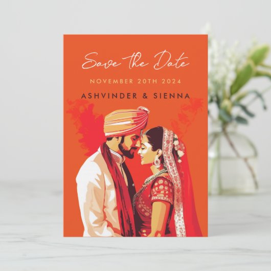 indiase bruiloft paar opslaan de datum save the date (Staand voorkant)