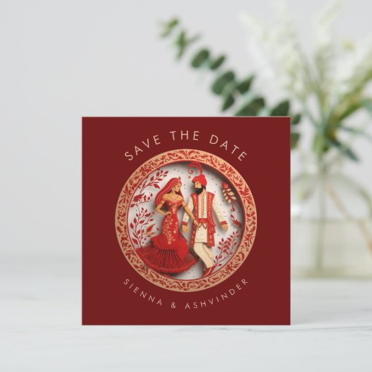 indiase bruiloft paar opslaan de datum save the date (Staand voorkant)