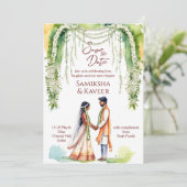 Indiase bruiloft red het date paar onder jasmijn kaart (Staand voorkant)