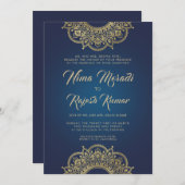Indiase bruiloft uitnodiging, blauw, goud, mandala kaart (Voorkant / Achterkant)
