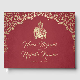 Indiase bruiloft uitnodiging, rood, goud, ganesha gastenboek