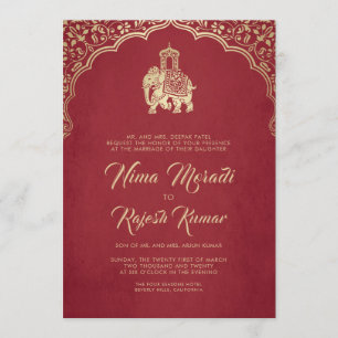 Indiase bruiloft uitnodiging, rood, goud, ganesha kaart