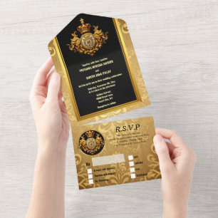 Indiase bruiloft zwart goud damast olifanten luxe all in one uitnodiging