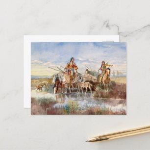 Indiase familie met Travois door Charles M. Russel Feestdagenkaart