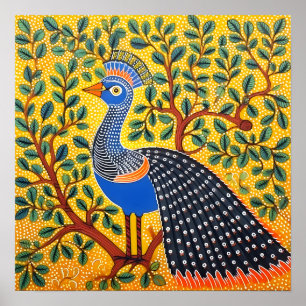 Indiase Gond Art Peacock Geel   Kunst van India Poster