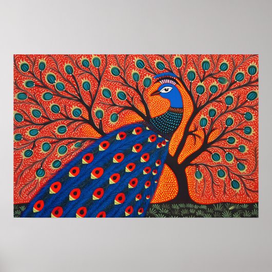 Indiase Gond Art Peacock | Kunst van India Poster (Voorkant)