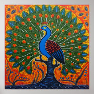 Indiase Gond Art Peacock Sinaasappel Kunst van I Poster