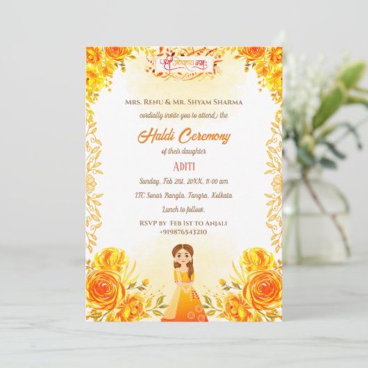 Indiase hindoe-bruid Haldi-ceremonie Ganesha bloem Kaart (Staand voorkant)