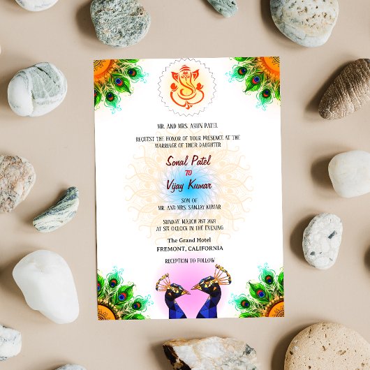 Indiase Hindoe bruiloft Ganesha Peacock Pair Wit Kaart