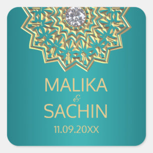 Indiase Mandala Bloem BLAUWGROEN Gouden Huwelijksz Vierkante Sticker