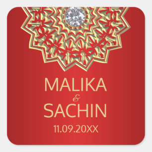 Indiase Mandala Bloem ROOD Goud Bruiloft Seals Vierkante Sticker