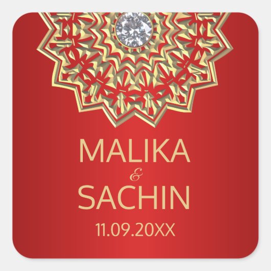 Indiase Mandala Bloem ROOD Goud Bruiloft Seals Vierkante Sticker (Voorkant)