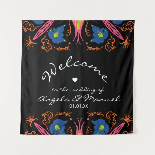 Indiase Olifant Bloem Zwart Bruiloft Wandkleed (Voorkant)