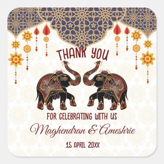  Indiase olifant Indische bruiloft gepersonaliseer Vierkante Sticker (Voorkant)