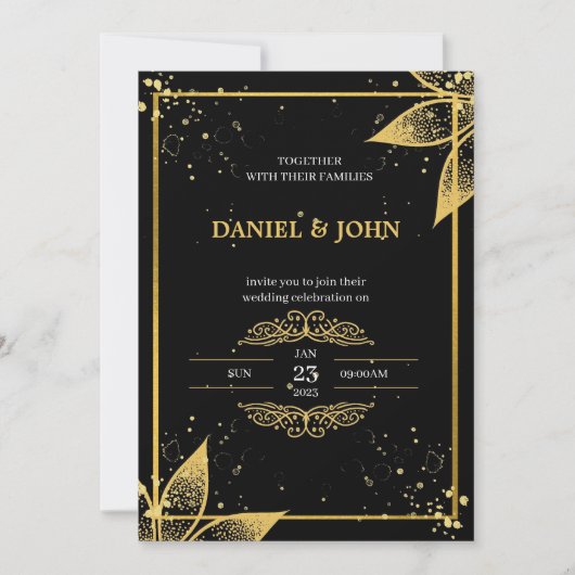 Indiase stijl bruiloft uitnodiging: zwart en goud kaart (Voorkant)