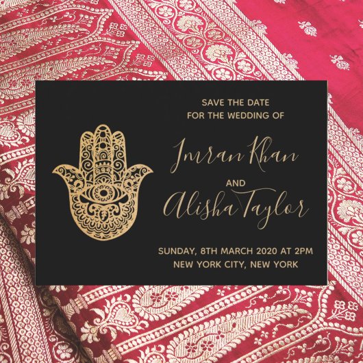 Indiase Trouwdag Opslagdatum Goud hamsa Henna Save The Date