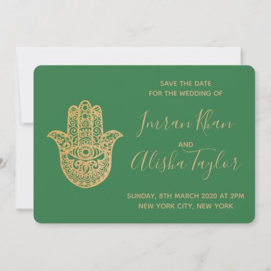 Indiase trouwkaart Save the date Goud hamsa Henna (Voorkant)