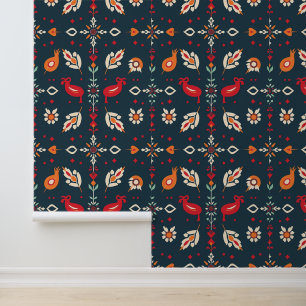 Indiase volkskunst Bloemen en vogelpatroon Behang