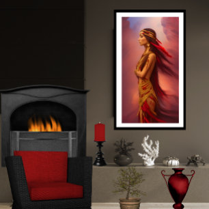 Indiase vrouw rood gouden jurk veren poster