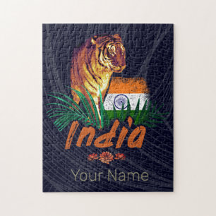 Indië tijger met vlag retro lotus souvenir legpuzzel