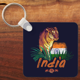 Indië tijger met vlag retro lotus souvenir sleutelhanger