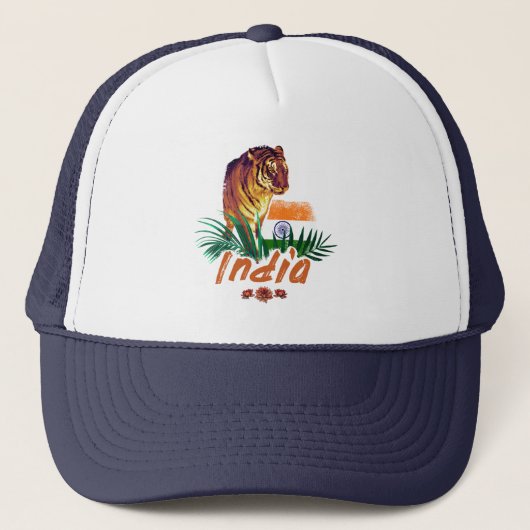 Indië tijger met vlag retro lotus souvenir trucker pet (Voorkant)