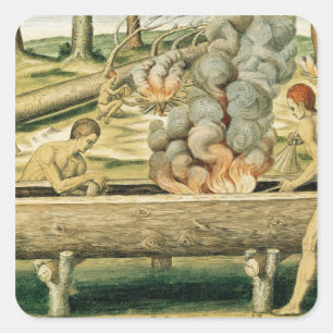 Indiërs maken een Dugout Canoe Vierkante Sticker