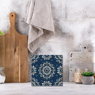 Indigo Azulejo Blauw Portugees Mandala Decoratief Tegeltje