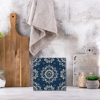 Indigo Azulejo Blauw Portugees Mandala Decoratief Tegeltje