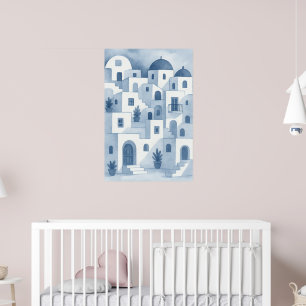 Indigo Blau Mediterraan Dorp Watercolor Muur Poster