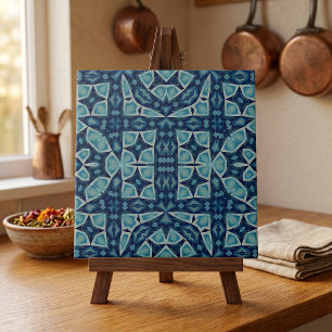 Indigo Blau Symmetrisch Geometrisch Mozaïek Kunst Tegeltje