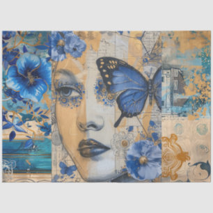 Indigo Blauw Abstracte Kunst Collage Decoupage Tissuepapier