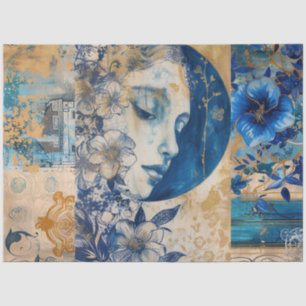 Indigo Blauw Abstracte Kunst Collage Decoupage Tissuepapier