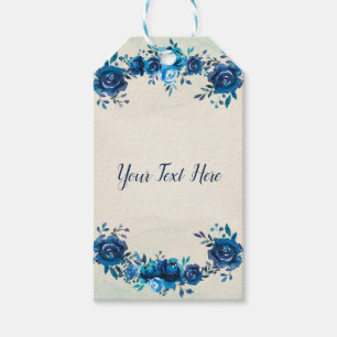 Indigo Blauw & Beige Aquarel Bloemen Bruiloft Cadeaulabel