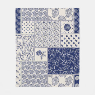 Indigo Blauw Beige Bloemen Patchwork Fleece Deken