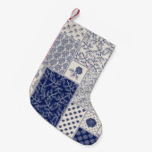 Indigo Blauw Beige Bloemen Patchwork Kleine Kerstsok (Voorkant (Hangend))