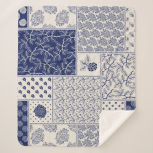 Indigo Blauw Beige Bloemen Patchwork Sherpa Deken