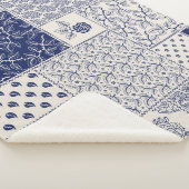 Indigo Blauw Beige Bloemen Patchwork Sherpa Deken (3/4)